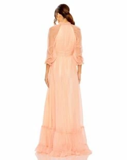 Chiffon Ruched Illusion Raglan Sleeve Ruffled Gown -Women's Skirt 68225 Blush BK