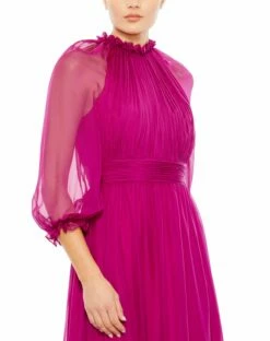 Chiffon Ruched Illusion Raglan Sleeve Ruffled Gown -Women's Skirt 68225 Magenta CL 316d8af4 3bcf 4730 a669 0a84aa0130b3