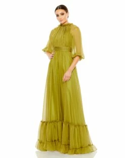 Chiffon Ruched Illusion Raglan Sleeve Ruffled Gown -Women's Skirt 68225 Olive AB