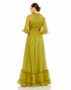 Chiffon Ruched Illusion Raglan Sleeve Ruffled Gown -Women's Skirt 68225 Olive BK