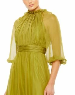 Chiffon Ruched Illusion Raglan Sleeve Ruffled Gown -Women's Skirt 68225 Olive CL