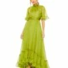 Ruffled High Neck Flutter Sleeve High Low Hem Gown -Women's Skirt 68229 AppleGreen AB 1