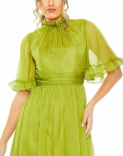 Ruffled High Neck Flutter Sleeve High Low Hem Gown -Women's Skirt 68229 AppleGreen CL 1