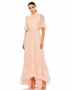 Ruffled High Neck Flutter Sleeve High Low Hem Gown -Women's Skirt 68229 Blush AB