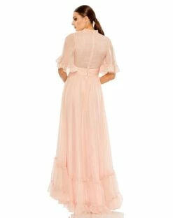Ruffled High Neck Flutter Sleeve High Low Hem Gown -Women's Skirt 68229 Blush BK