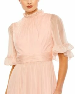 Ruffled High Neck Flutter Sleeve High Low Hem Gown -Women's Skirt 68229 Blush CL