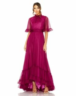 Ruffled High Neck Flutter Sleeve High Low Hem Gown -Women's Skirt 68229 Raspberry AB 1