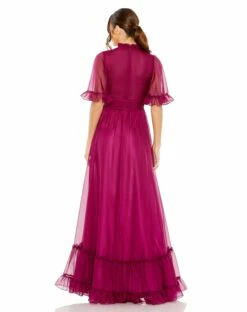 Ruffled High Neck Flutter Sleeve High Low Hem Gown -Women's Skirt 68229 Raspberry BK 1