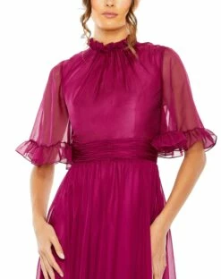 Ruffled High Neck Flutter Sleeve High Low Hem Gown -Women's Skirt 68229 Raspberry CL 1