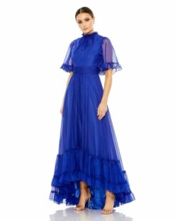 Ruffled High Neck Flutter Sleeve High Low Hem Gown -Women's Skirt 68229 Sapphire AB