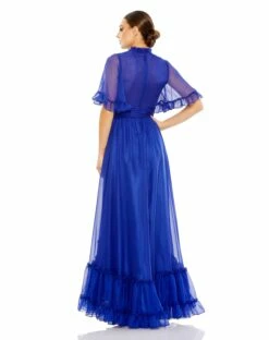 Ruffled High Neck Flutter Sleeve High Low Hem Gown -Women's Skirt 68229 Sapphire BK