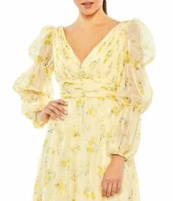 Floral Print Chiffon Illusion Tiered Puff Dress -Women's Skirt 68246 YellowMulti CL