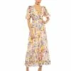 Floral Print Chiffon Puff Sleeve Tiered Hem Dress -Women's Skirt 68247 PinkMulti AB