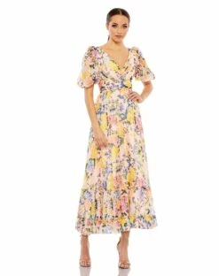 Floral Print Chiffon Puff Sleeve Tiered Hem Dress