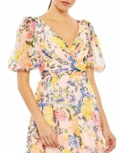 Floral Print Chiffon Puff Sleeve Tiered Hem Dress -Women's Skirt 68247 PinkMulti CL