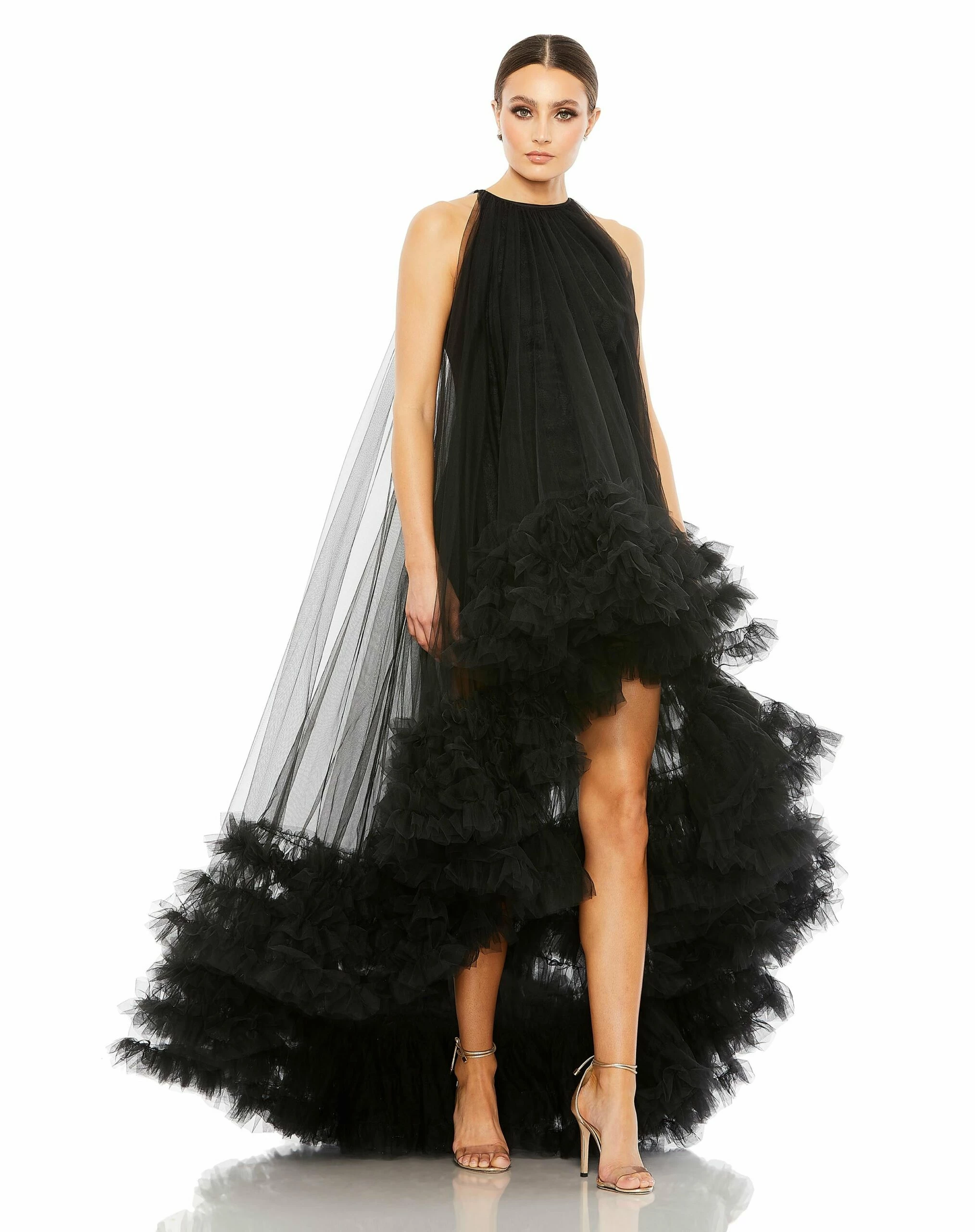 Tulle High Neck Sleeveless Ruffled Hem Hi-Lo Gown 6 Tulle High Neck Sleeveless Ruffled Hem Hi-Lo Gown - Image 4