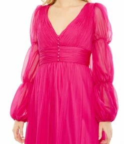 Chiffon Ruched Tiered Puff Sleeve A Line Dress -Women's Skirt 68254 HotPink CL