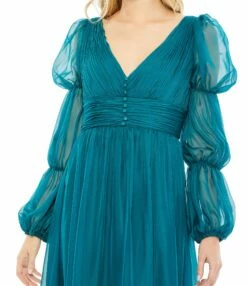 Chiffon Ruched Tiered Puff Sleeve A Line Dress -Women's Skirt 68254 Teal CL