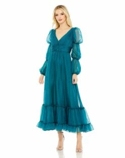 Chiffon Ruched Tiered Puff Sleeve A Line Dress -Women's Skirt 68254 TEA Default 1 WS