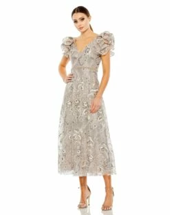 Embellished Ruffled Cap Sleeve A Line Dress