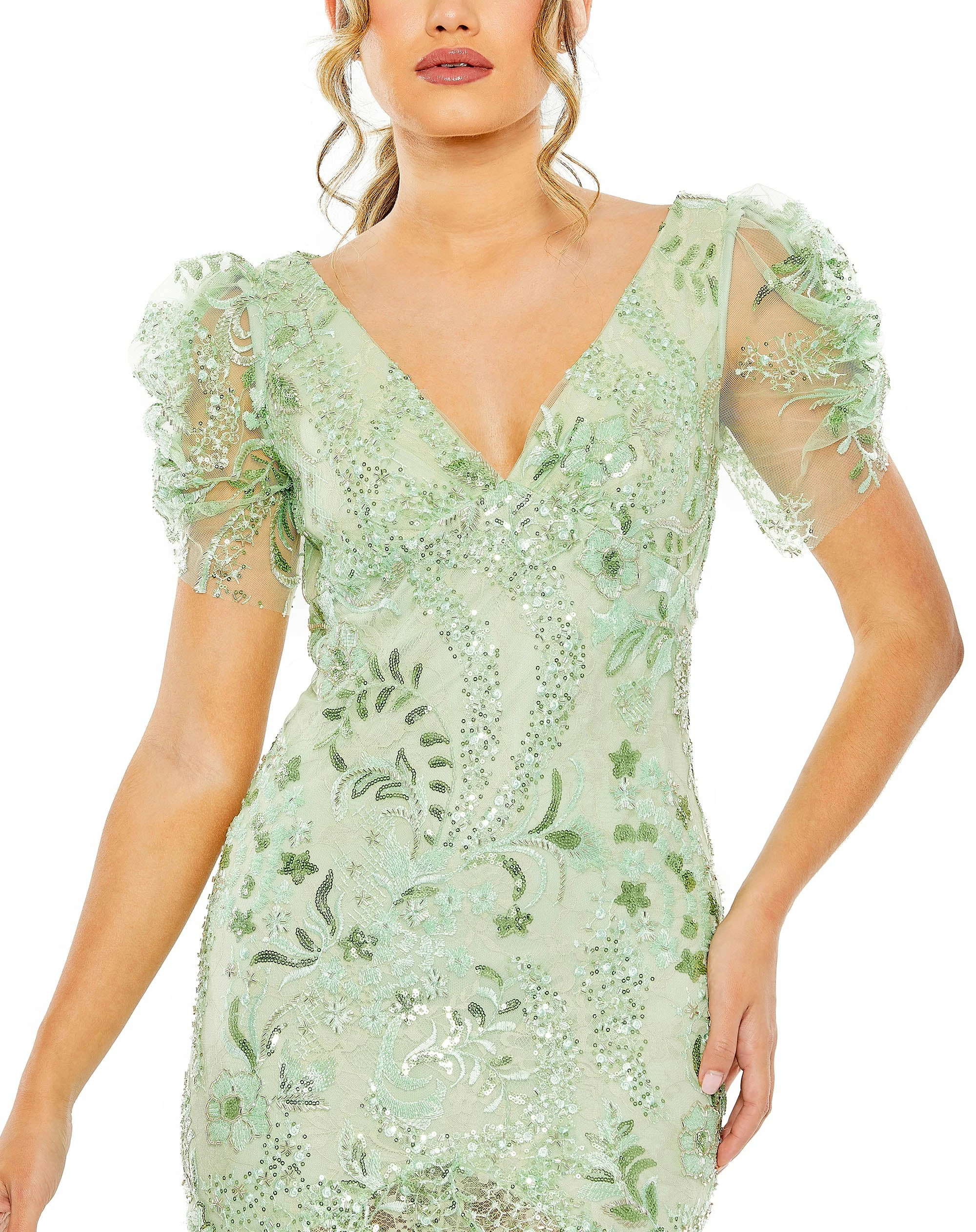 Puff Sleeve V Neck Floral Embellished Dress 5 Puff Sleeve V Neck Floral Embellished Dress - Image 3