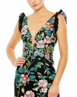 Embroidered Floral Plunge Neck Trumpet Gown -Women's Skirt 68273 BlackMulti CL