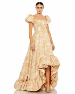 Floral Print Puff Sleeve High Low Brocade Gown -Women's Skirt 68276 PCH Default 1 WS