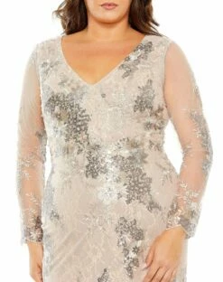 V Neck Mesh Long Sleeve Embroidered Gown -Women's Skirt 68352 Taupe CL