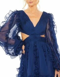 V Neck Corset Back Long Puff Sleeve Ruffle Dress -Women's Skirt 68418 Indigo CL