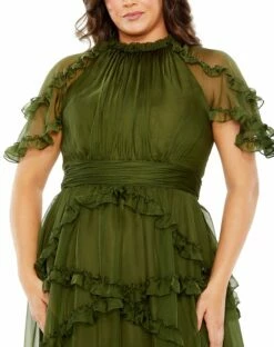High Neck Ruffle Tiered Flutter Sleeve Gown -Women's Skirt 68424 Olive CL