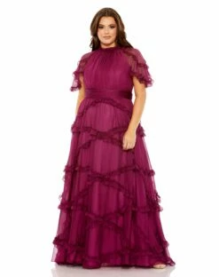 High Neck Ruffle Tiered Flutter Sleeve Gown -Women's Skirt 68424 Raspberry AB