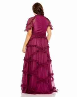 High Neck Ruffle Tiered Flutter Sleeve Gown -Women's Skirt 68424 Raspberry BK