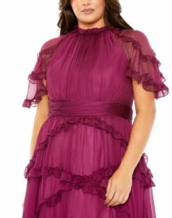 High Neck Ruffle Tiered Flutter Sleeve Gown -Women's Skirt 68424 Raspberry CL