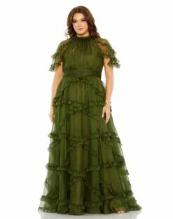 High Neck Ruffle Tiered Flutter Sleeve Gown
