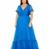 Chiffon Faux Wrap Flutter Sleeve Tiered Gown (Plus)