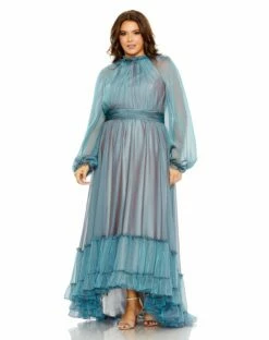 Puff Sleeve W/ Embellished Cuff V Neck A Line Gown -Women's Skirt 68434 FrenchBlue AB