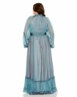 Puff Sleeve W/ Embellished Cuff V Neck A Line Gown -Women's Skirt 68434 FrenchBlue BK