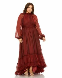 Puff Sleeve W/ Embellished Cuff V Neck A Line Gown