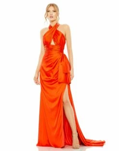 Halter Neck Ruffle Side Slit Gown