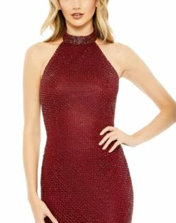 Hand Embellished Halter Neck Midi Sheath Dress -Women's Skirt 70110 BUR 3 WS