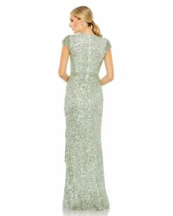 Sequined Faux Wrap Ruffle Cap Sleeve Gown -Women's Skirt 70113 SEA 2 WS