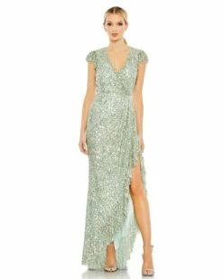 Sequined Faux Wrap Ruffle Cap Sleeve Gown