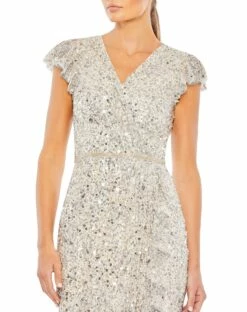 Sequined Faux Wrap Ruffle Cap Sleeve Gown -Women's Skirt 70113 SIN 3 WS