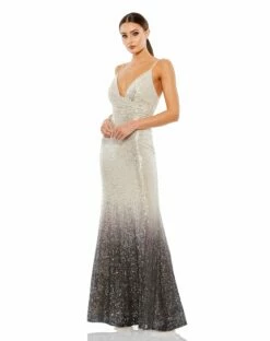Plunge Neck Ombre Sequin Gown