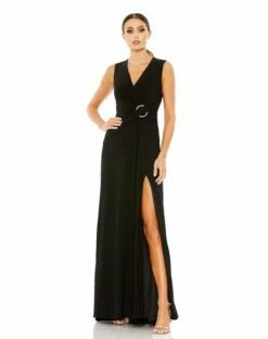 Draped Side Knot Jersey Gown W/ Rhinestone Ring -Women's Skirt 70155 Black AB