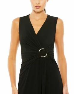 Draped Side Knot Jersey Gown W/ Rhinestone Ring -Women's Skirt 70155 Black CL