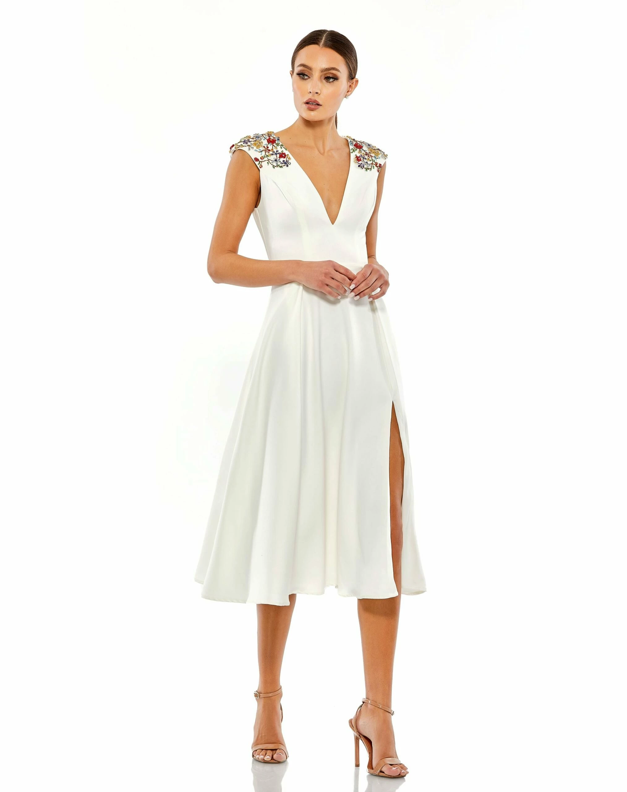 Beaded Cap Sleeve A Line Midi Dress 3 Beaded Cap Sleeve A Line Midi Dress