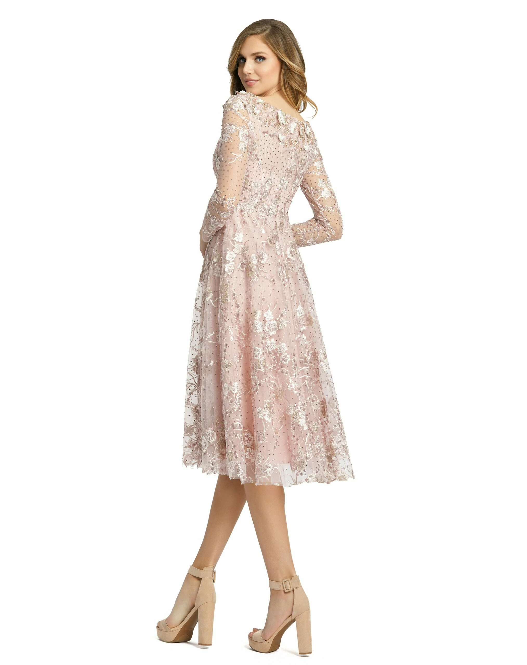 Long Sleeve Floral Embroidered Tea Length Dress 4 Long Sleeve Floral Embroidered Tea Length Dress - Image 2