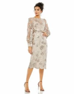 Embellished High Neck Illusion Long Sleeve Midi Dress