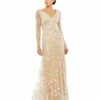 Embroidered V Neck Long Sleeve Trumpet Gown